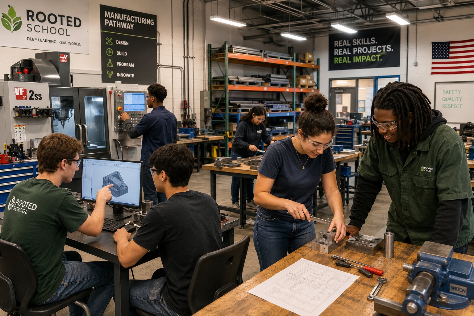Students working with precision manufacturing equipment