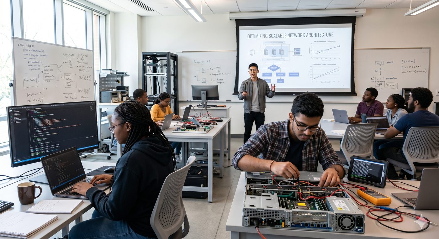 Students coding and working with network infrastructure
